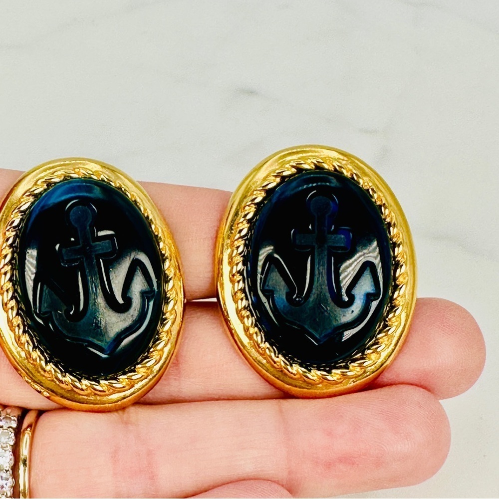 Vintage Trifari Blue Anchor Earrings Clip On Blue Gold Large Signed Statement - Picture 4 of 9